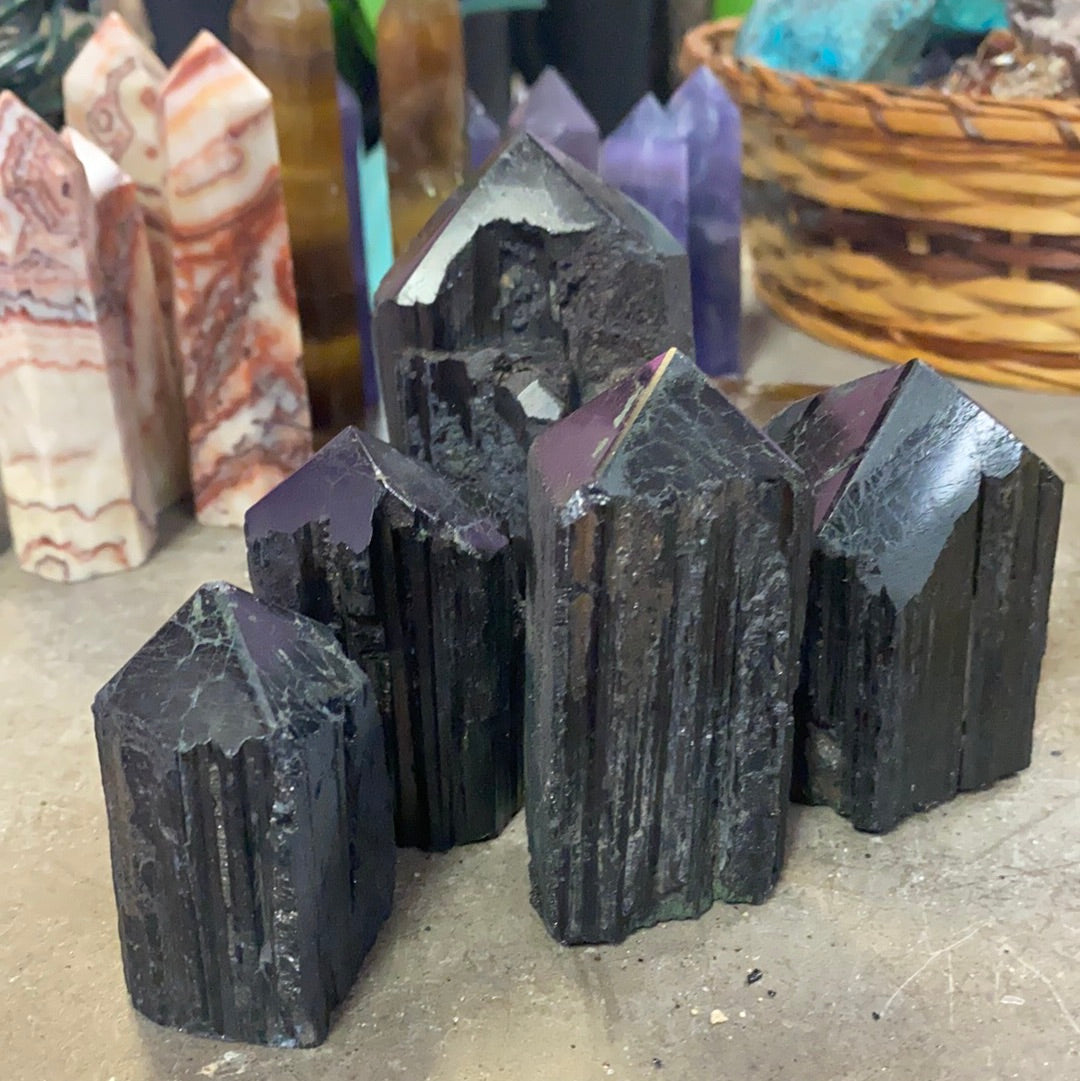 Many black tourmaline towers. 